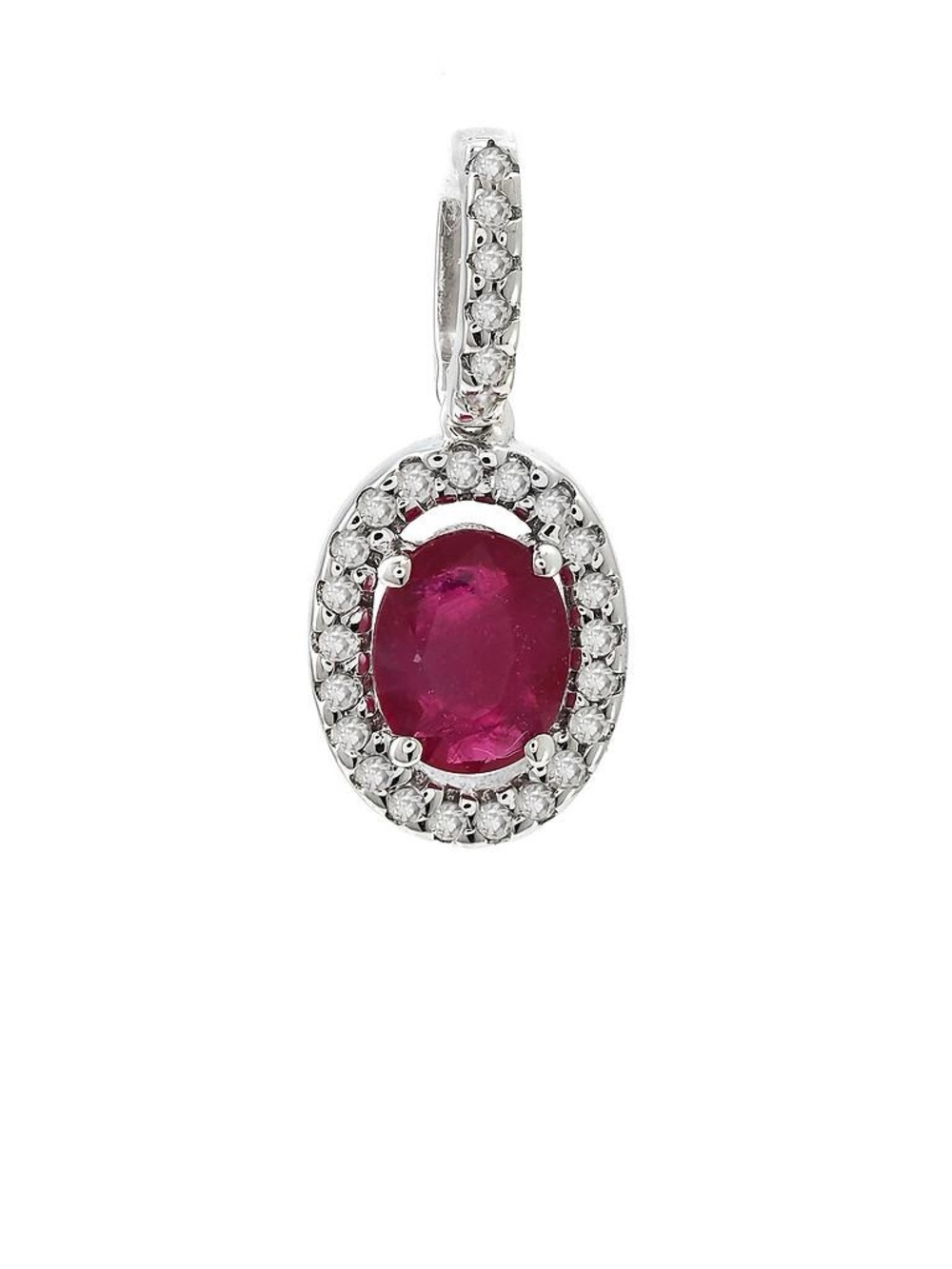 14K Real Solid White Gold Oval Natural Ruby & Diamond Halo Pendant 7x15mm
